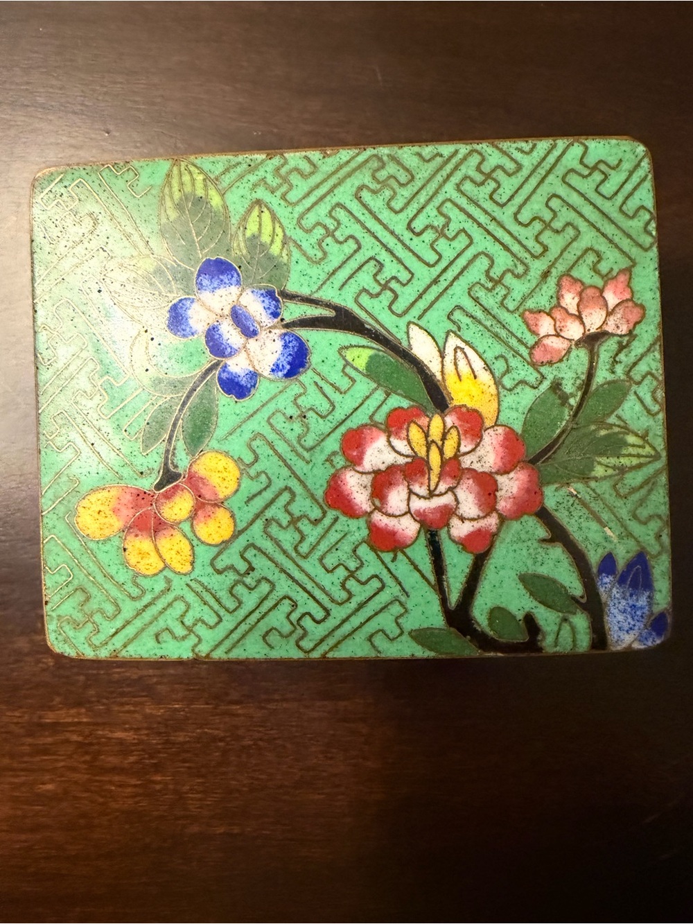 Green Floral Cloisonné Decorative Tile - Artisan Wall Accent